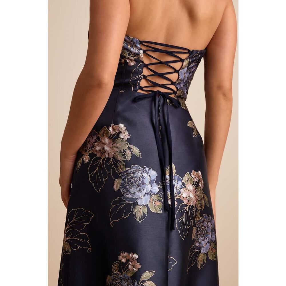 NWOT Lulus Sz XL Yashelle Navy Floral Taffeta Strapless Tiered Corset Midi Dress - Picture 6 of 6